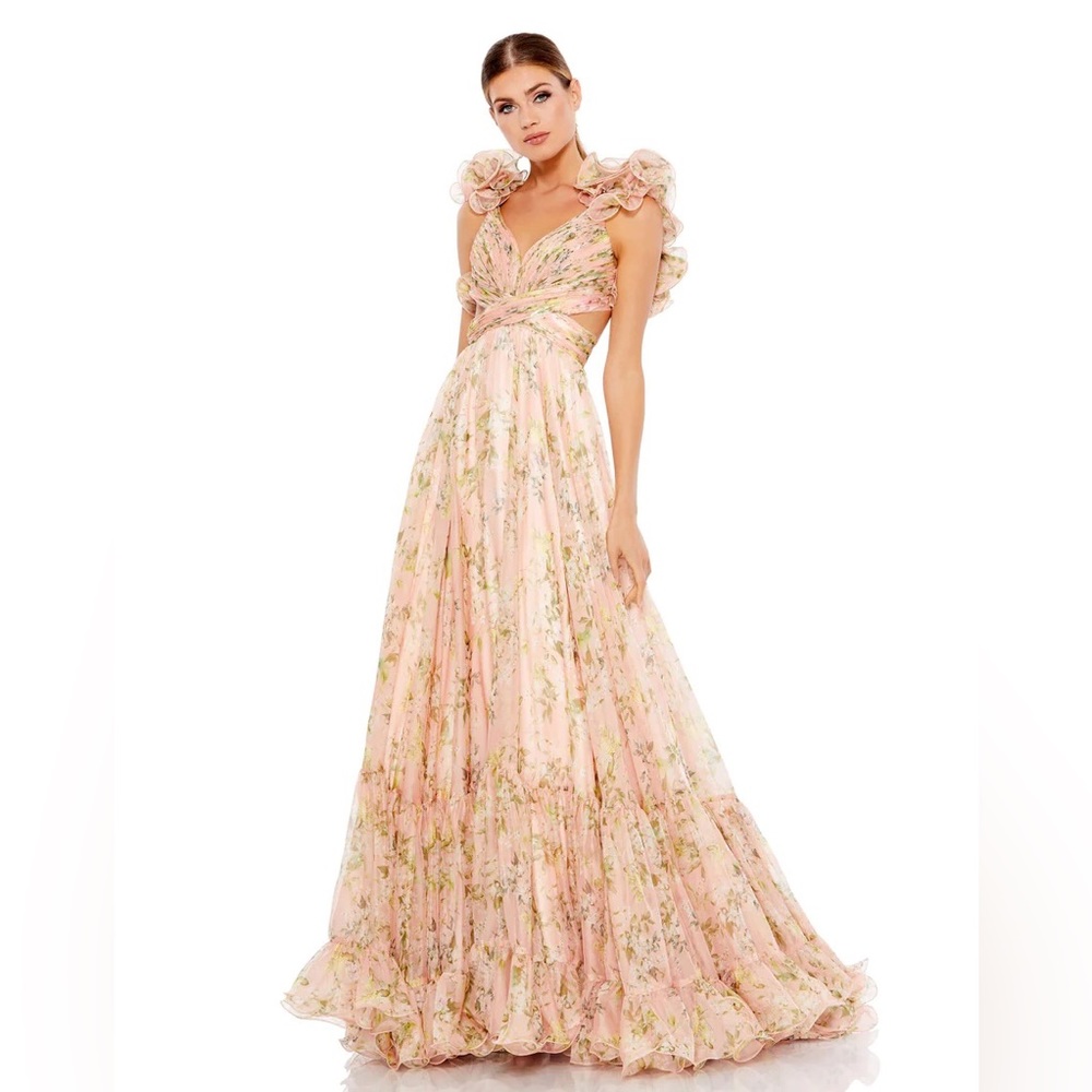 Mac Duggal Ruffle Tiered Floral Cut-Out Chiffon Gown